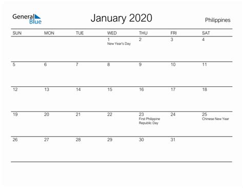 January 2020 Monthly Calendar With Philippines Holidays