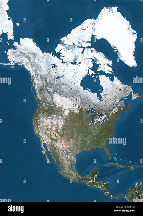 Satellite View Of North America In Winter With Partial Snow Cover