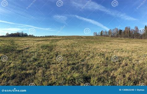 Panoramic Countryside Landscape With Field And Forest At Far Under