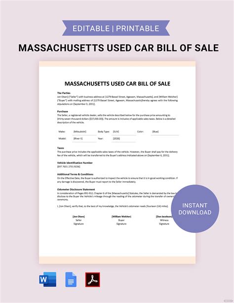 Free Massachusetts Used Car Bill Of Sale Form Template Google Docs