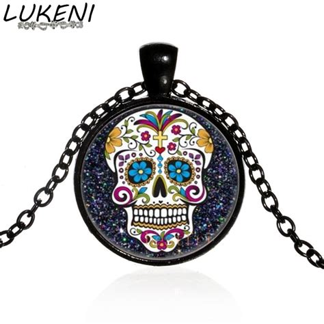 Mexican Sugar Skull Pendant Day Of The Dead Necklace Black Chain Sugar