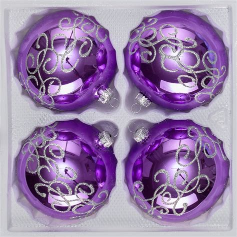 4 Pcs Christmas Baubles Set 10cm Ø In Highgloss Purple Silver