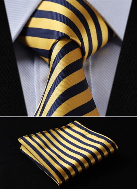 Ts260y8 Yellow Navy Blue Stripe 34 100silk Wedding Jacquard Woven Men Tie Necktie Pocket