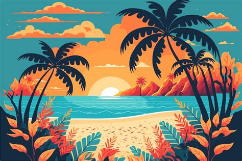 Premium Vector Tropical Summer Beach Ocean Sunset And Sunrise View Cartoon Vector Illustration