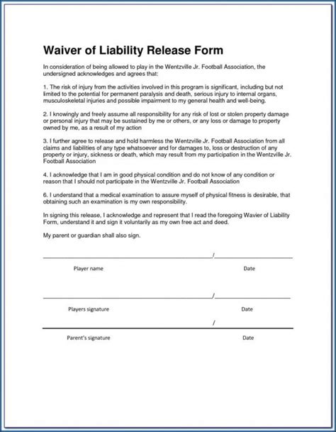 Free Liability Waiver Form Template Free ~ Addictionary Injury