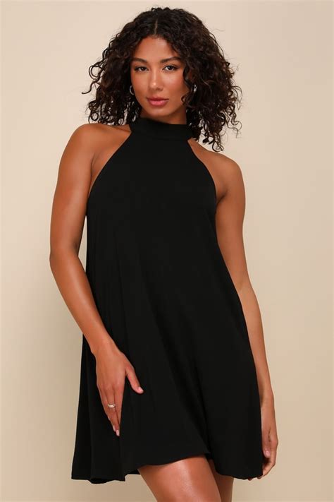 Chic Black Dress Halter Swing Dress Sleeveless Dress Lulus