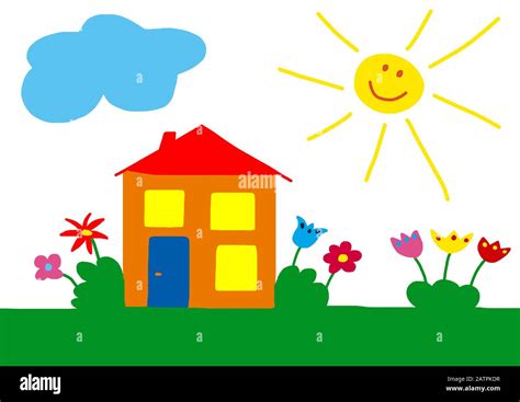 Ilustración Ingenua Dibujo Para Niños Casa Con Flores De Jardín Y Sol