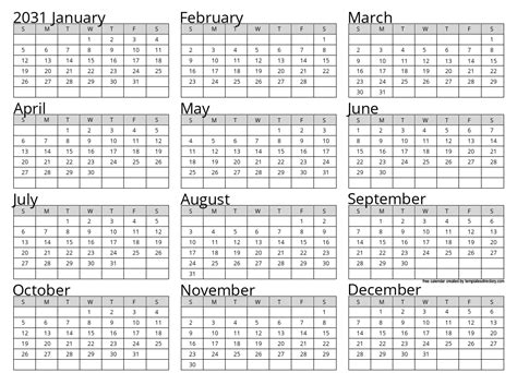 Full Year 2031 Calendar Template