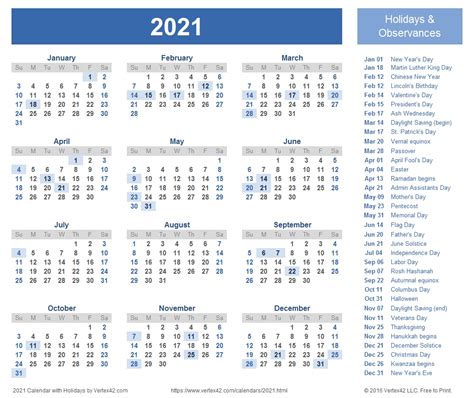 Printable List Of 2021 Holidays List Calendar Template Printable