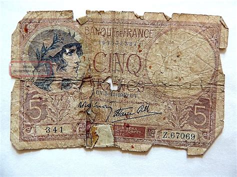 1940 French Five 5 Francs Wwii Note