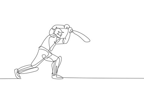 One Single Line Drawing Of Young Energetic Man Cricket Player Standing