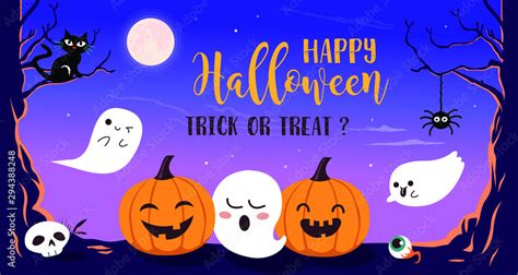 Happy Halloween With Funny Pumpkin And Cute Ghost Cartoon Character Halloween Design Elements