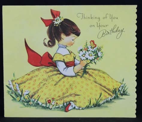 Vtg Birthday Card Greeting 1950s Girl With Flowers Twirl Retro Dress Big Bows 12 99 Picclick