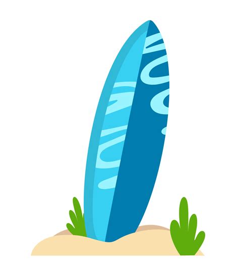 Surfboard Standing In The Sand In Cartoon Style Vector Illustration