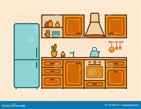 Kitchen Furniture Drawn In A Linear Flat Style Cartoon Vector