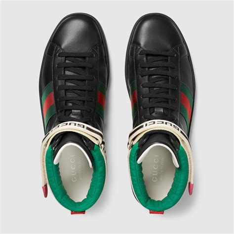 Gucci Stripe Ace High Top Sneaker In Black Leather With Green And Red