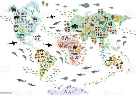 Cartoon Animal World Map For Children And Kids Back To Schhool Animals