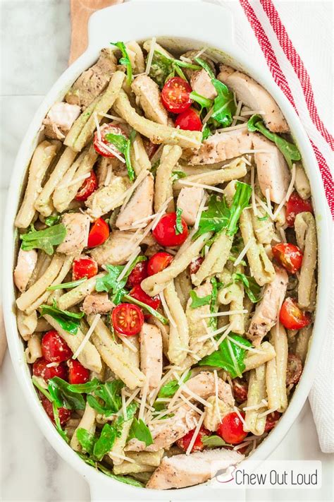 This pesto chicken salad is so yummy and very easy to make! Pesto Pasta Salad with Grilled Chicken - Chew Out Loud