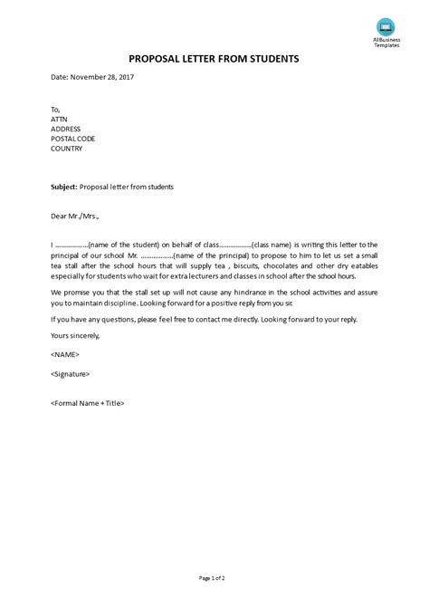 Whether you want to raise a complaint, appreciate your boss. Proposal Letter From Students | Templates at allbusinesstemplates.com