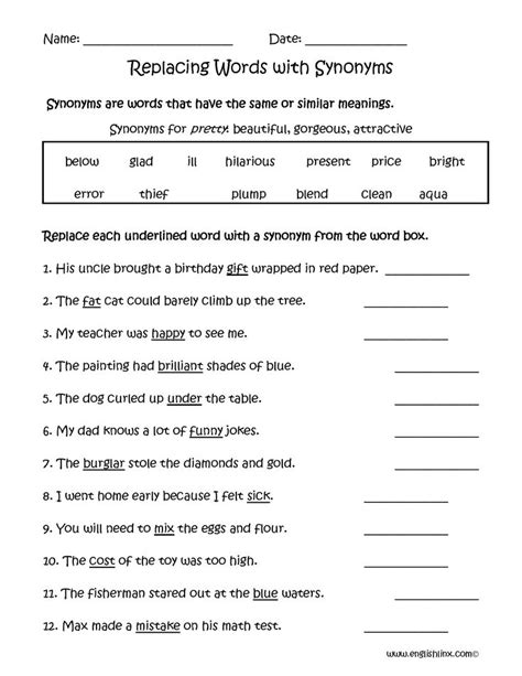 synonyms worksheets replacing words  synonyms worksheets