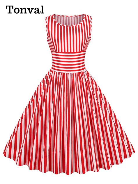 Tonval Red And White Striped High Waist Rockabilly Vintage Cotton