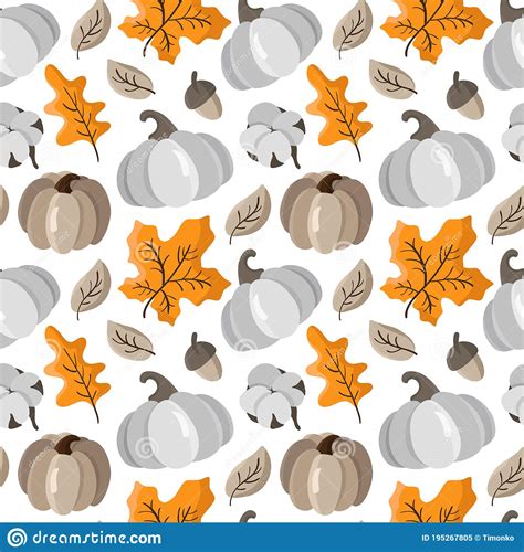 Autumn Seamless Pattern With Pumpkins Leaves Acorn And Cotton