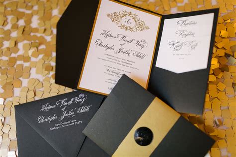 Traditional Black White And Gold Wedding Invitations