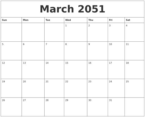 March 2051 Free Printable Monthly Calendar