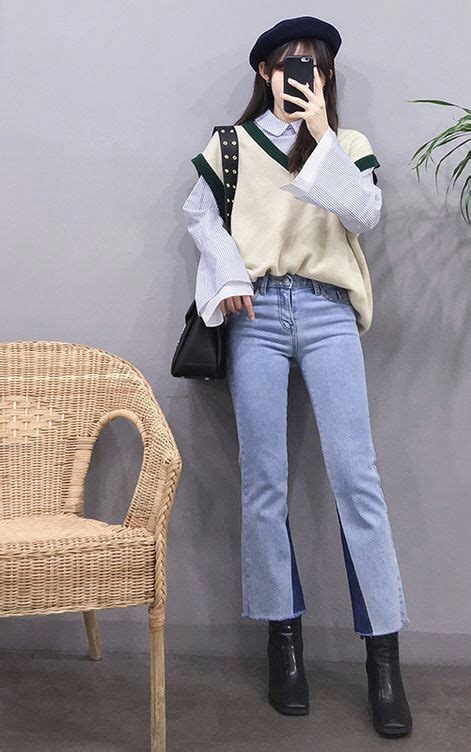 Korean Fashion Fall Outfit Preppy Style Blue Jeans White Button Up