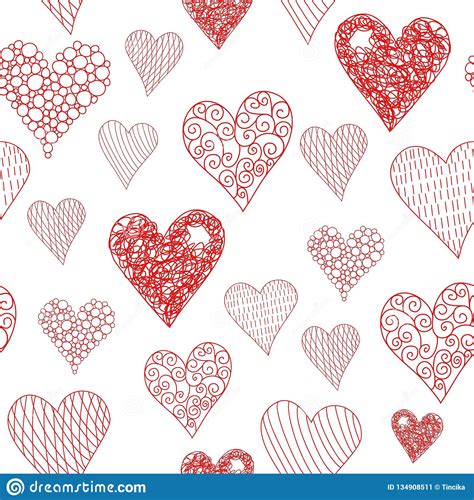 Cute Red Scribbled Hearts Vector Seamless Pattern With White Background