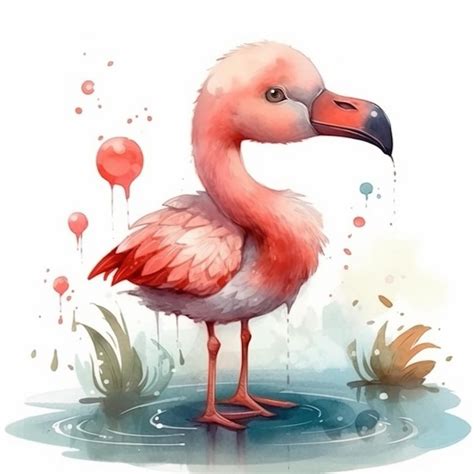 Premium AI Image Watercolor Painting Of A Cute Pink Flamingo Isolated