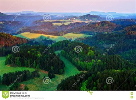 Czech Typical Autumn Landscape Hills And Villages With Foggy Morning