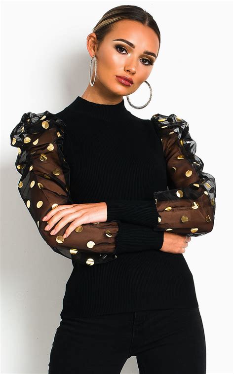 sandie polka dot sheer puff sleeve jumper in black ikrush