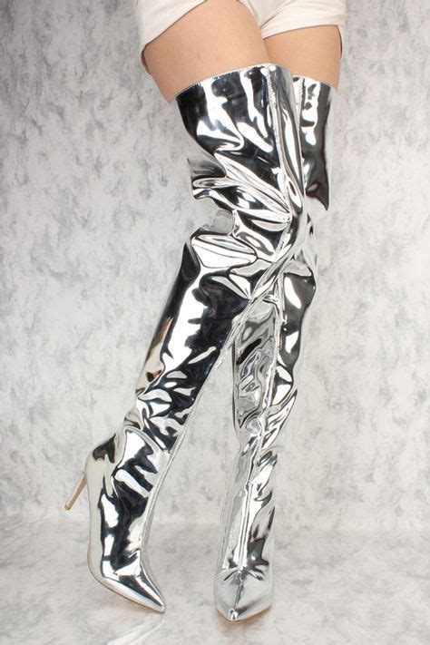 Silver Chrome Flared Pointy Toe Thigh High Heel Boots Patent High