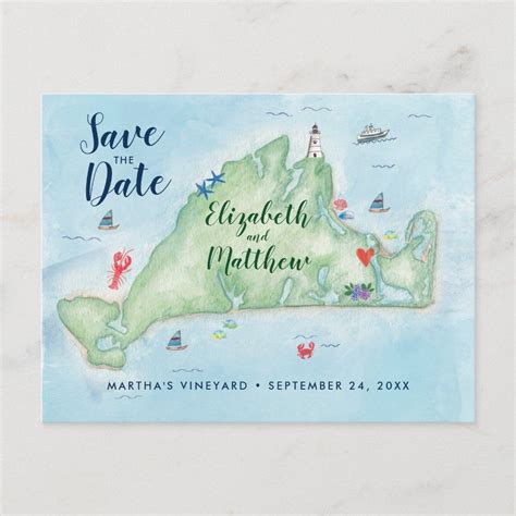 Edgartown Marthas Vineyard Map Save The Date Announcement Postcard