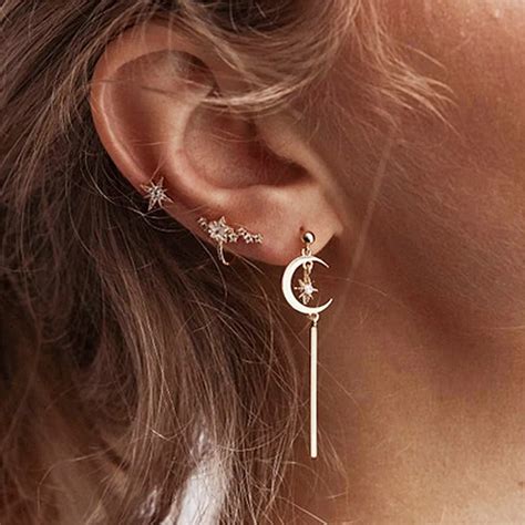 Kisswife Pcs Set New Gold Color Crystal Star Moon Studs Earrings Set For Women Metal Stud