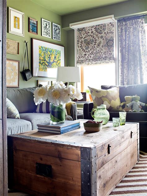 Shabby Chic Living Room With Wood Trunk Coffee Table Hgtv