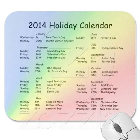 Rainbow 2014 Holiday Calendar Holiday Calendar Holiday Celebrations