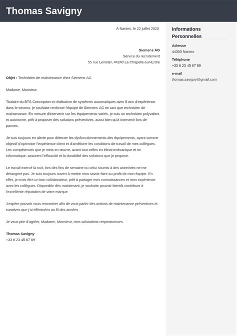 Exemple de lettre de motivation technicien/ne de maintenance