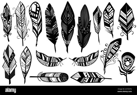 Diseño Tribal Sin Peer De Plumas Negras Decorativas Silueta Conjunto