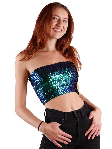 Fashion Womens Shiny Sequin Party Cropped Strapless Bandeau Stretch Tube Top
