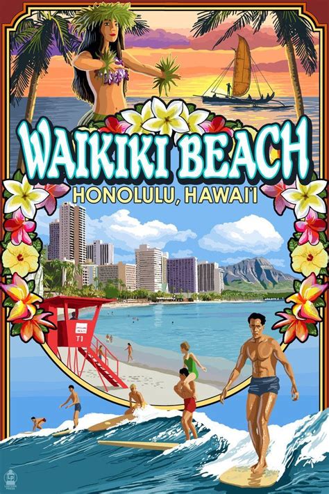 Print Waikiki Beach Oahu Hawaii Scenes Lantern Press Artwork Travel Posters Vintage