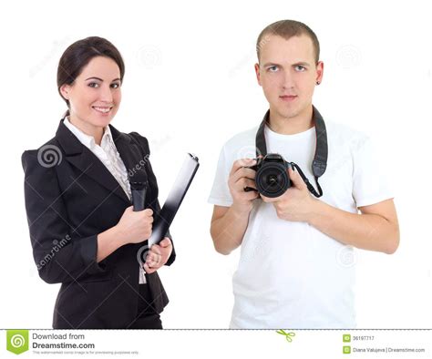Female Journalist With Microphone And Operator With Camera Isolated On