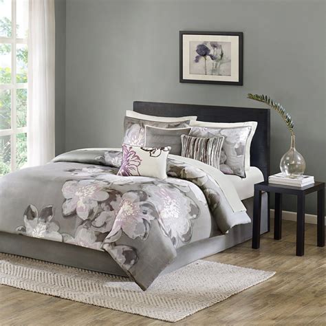 7pc Charcoal Grey And Purple Floral Cotton Comforter Set And