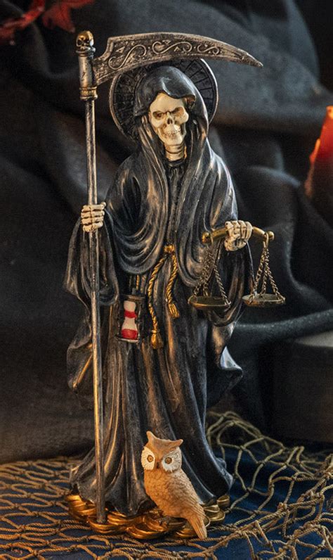 Standing Black Santa Muerte With Scythe Scales Of Justice And Wise Owl
