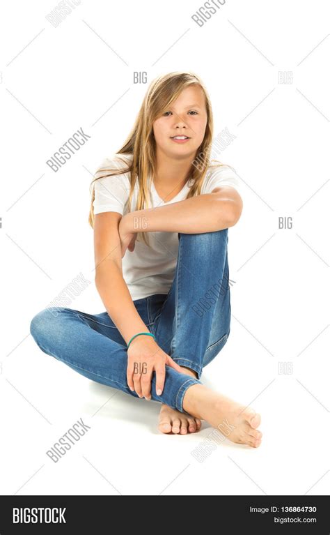Young Girl Sitting Barefoot White T Image And Photo Bigstock