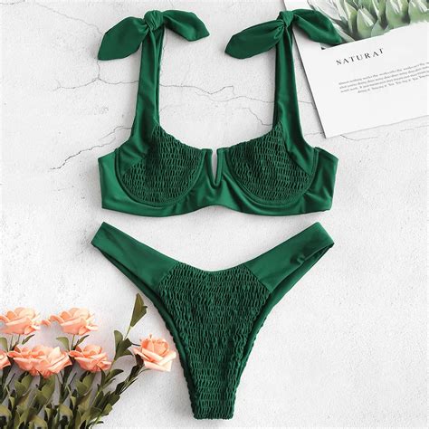 Zaful Shirred Underwire Bikini 2019 V Cut Bikini Set Scoop Neck Unlined