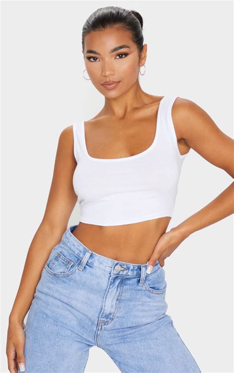 Basic White Scoop Neck Crop Top Tops Prettylittlething