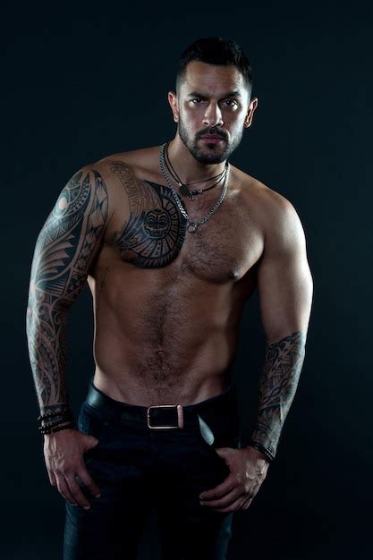 Premium Photo Jewelry For Real Men Bearded Man With Tattooed Torso Macho Sexy Bare Torso Fit