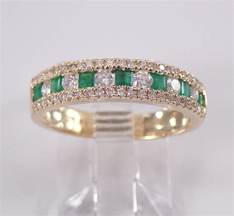 Yellow Gold Emerald And Diamond Wedding Ring Anniversary Band Size 675